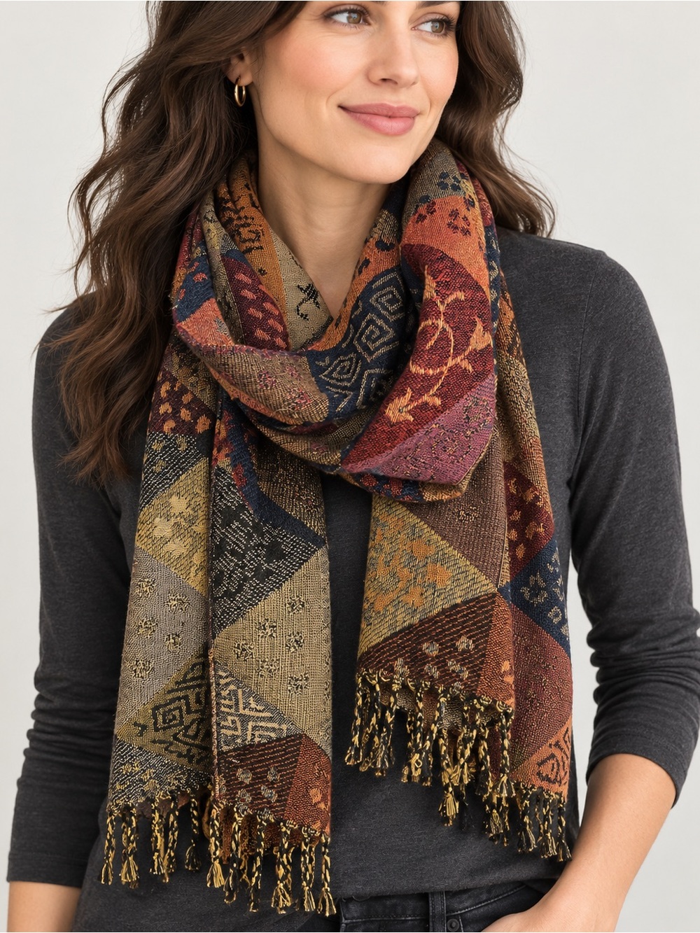 Sacred Threads Bohemian 100% Wool Scarf Geometric Patchwork Fringe
